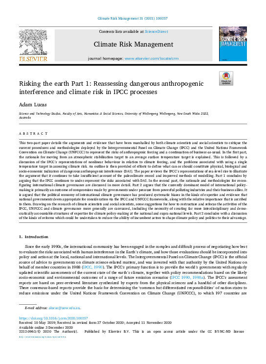 (PDF) Risking the earth Part 1: Reassessing dangerous anthropogenic ...