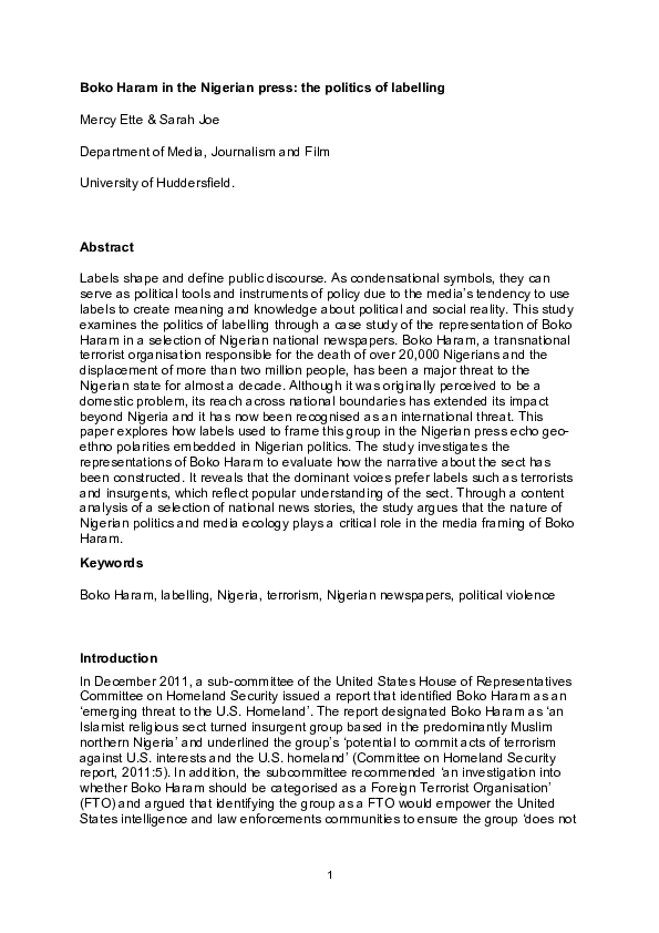 (PDF) Boko Haram in the Nigerian press: The politics of labelling