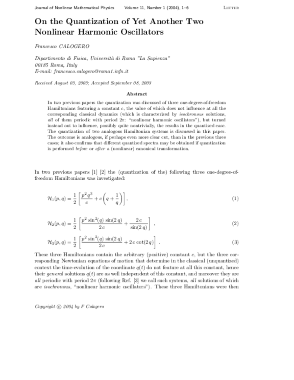 (PDF) On the Quantization of Yet Another Two Nonlinear Harmonic Oscillators