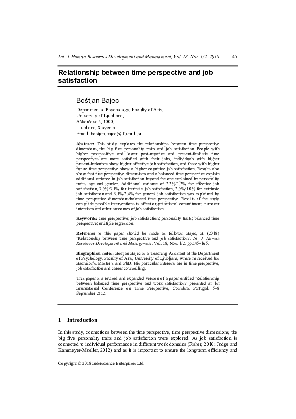 (PDF) Relationship between time perspective and job satisfaction
