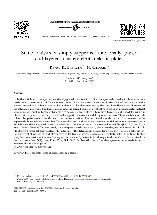 (PDF) Static analysis of simply supported functionally graded and ...