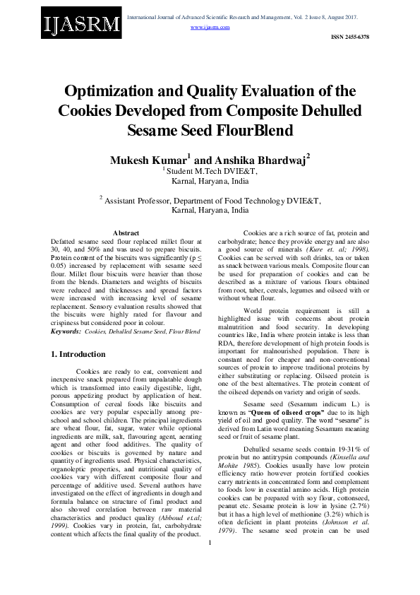 (PDF) Optimization and Quality Evaluation of the Cookies Developed from ...