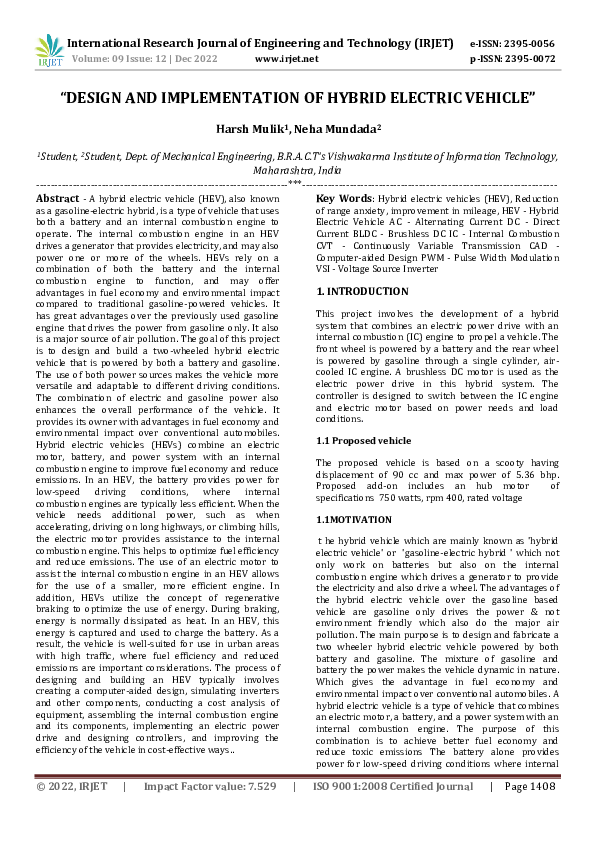 (PDF) "DESIGN AND IMPLEMENTATION OF HYBRID ELECTRIC VEHICLE" IRJET