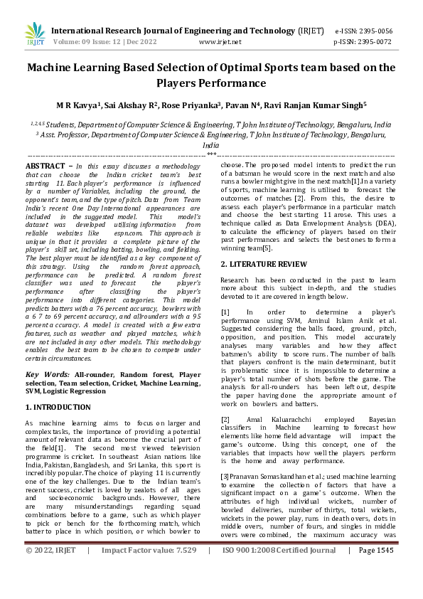 (PDF) Machine Learning Based Selection of Optimal Sports team based on ...
