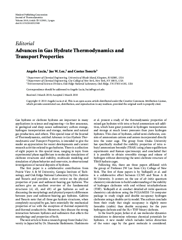 (PDF) Advances in Gas Hydrate Thermodynamics and Transport Properties