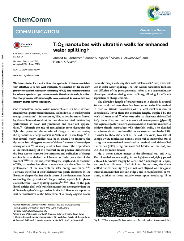 (PDF) TiO2 nanotubes with ultrathin walls for enhanced water splitting