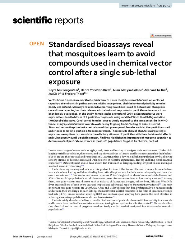 (PDF) Standardised bioassays reveal that mosquitoes learn to avoid ...