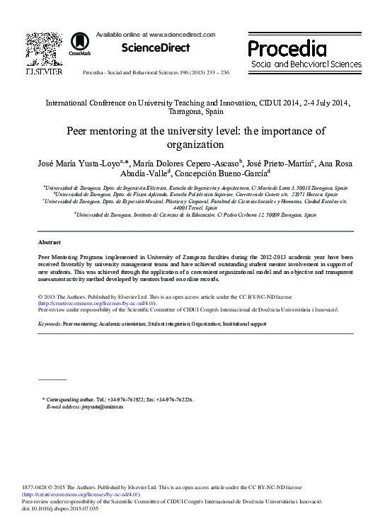 (PDF) Peer Mentoring at the University Level: The Importance of ...