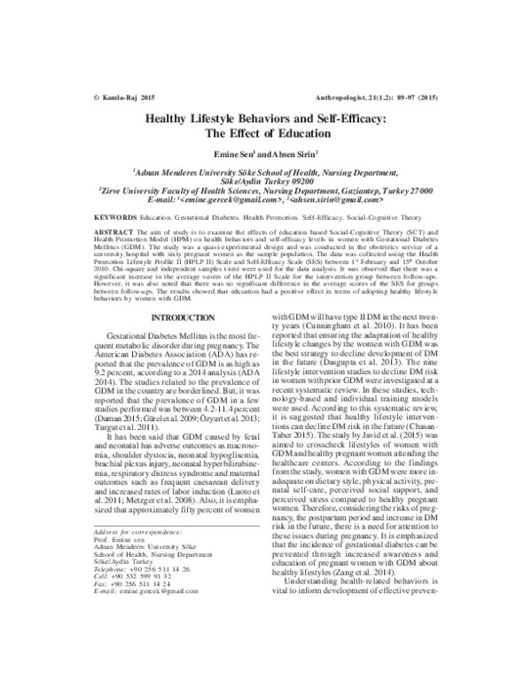 (PDF) Healthy Lifestyle Behaviors and Self-Efficacy: The Effect of ...