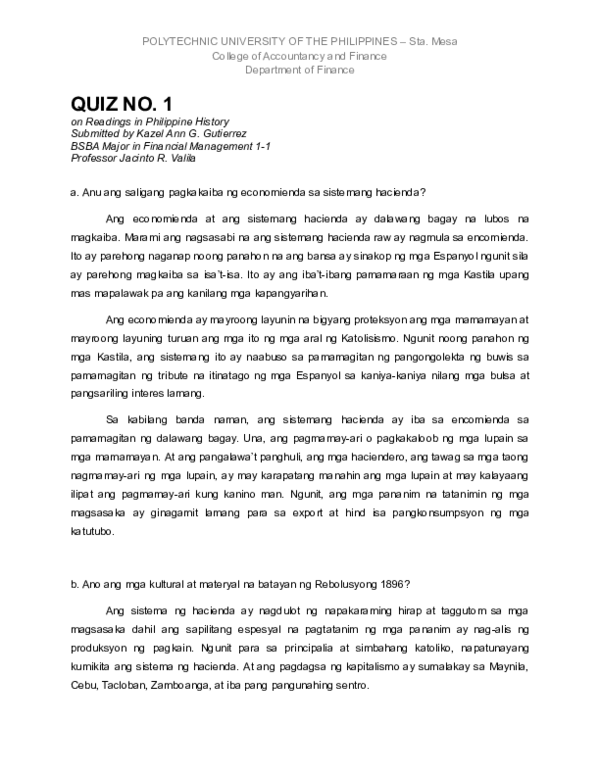 (PDF) Quiz No. 1 (Readings in Philippine History) Kazel Ann Gutierrez