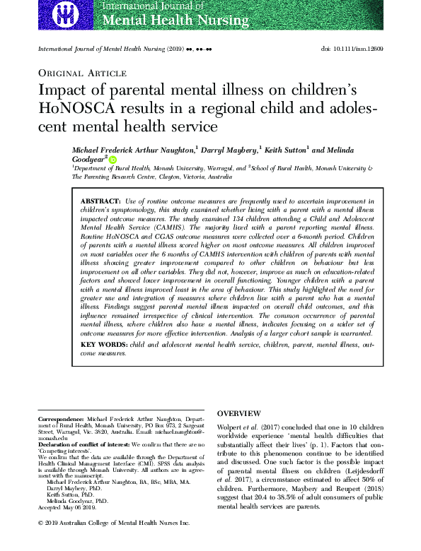 (PDF) Impact of parental mental illness on children's HoNOSCA results ...