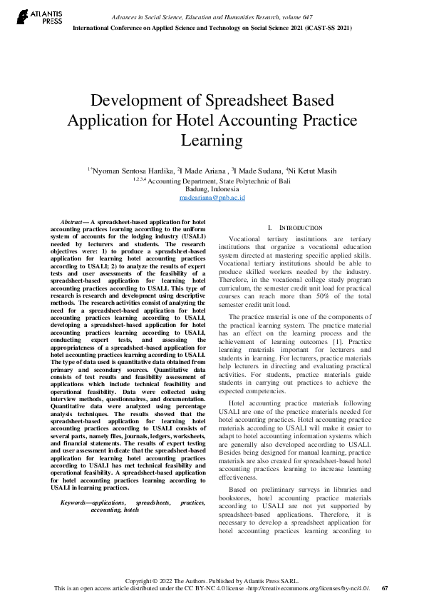 (PDF) Development of Spreadsheet Based Application for Hotel Accounting
