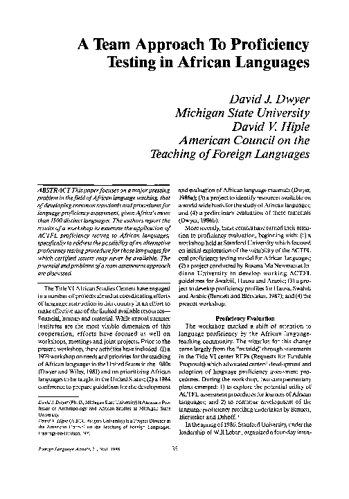(PDF) A Team Approach To Proficiency Testing in African Languages