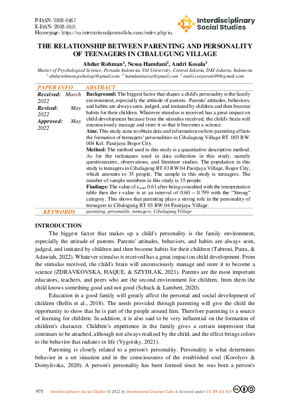 (PDF) The Relationship Between Parenting and Personality of Teenagers ...