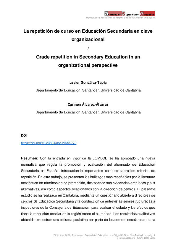 (PDF) La repetición de curso en Educación Secundaria en clave ...