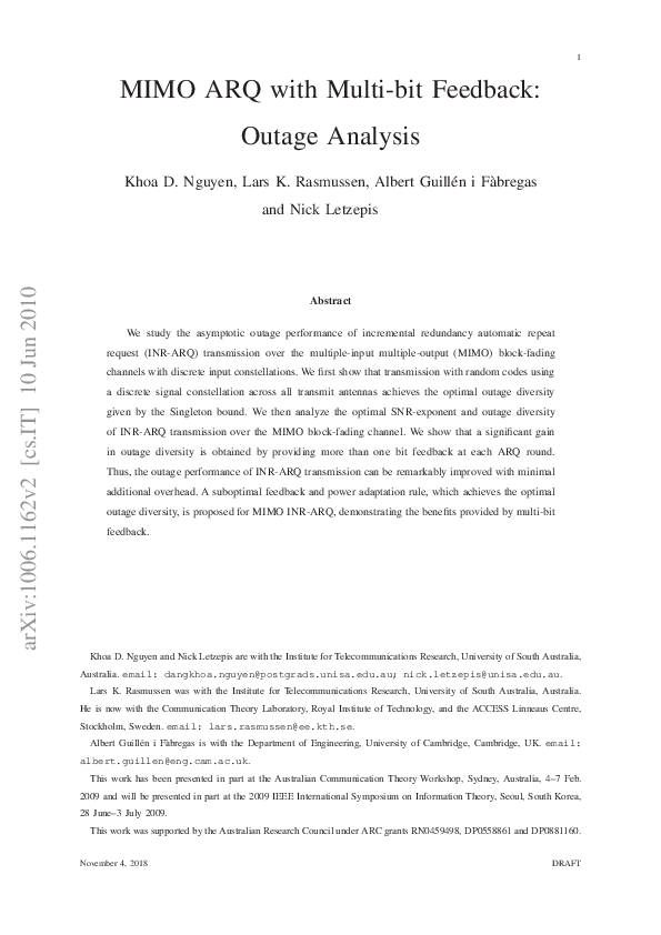(PDF) MIMO ARQ With Multibit Feedback: Outage Analysis