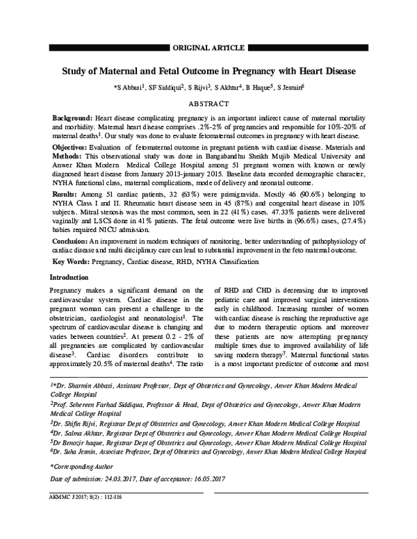 (PDF) Study of Maternal and Fetal Outcome in Pregnancy with Heart Disease