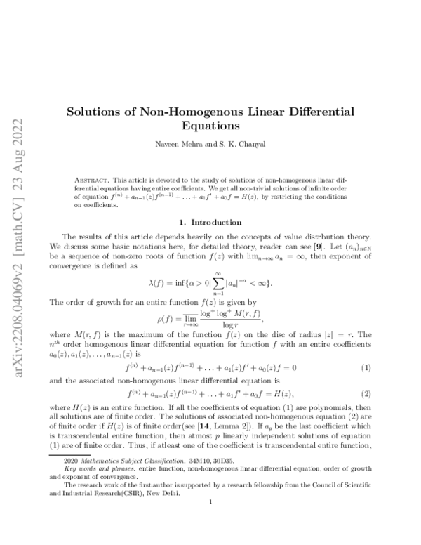 (PDF) Solutions of Non-Homogenous Linear Differential Equations