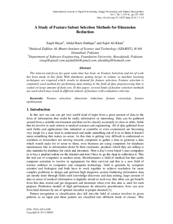 (PDF) A Study of Feature Subset Selection Methods for Dimension Reduction