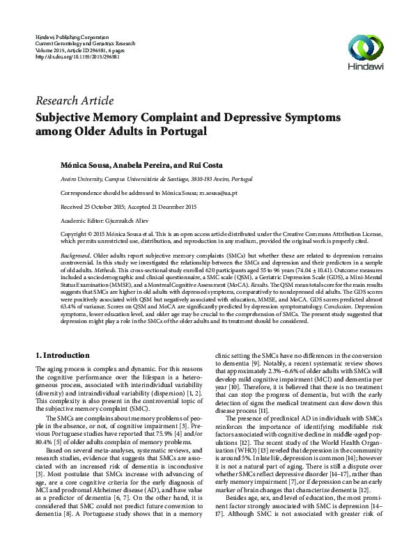 (PDF) Subjective Memory Complaint and Depressive Symptoms among Older ...