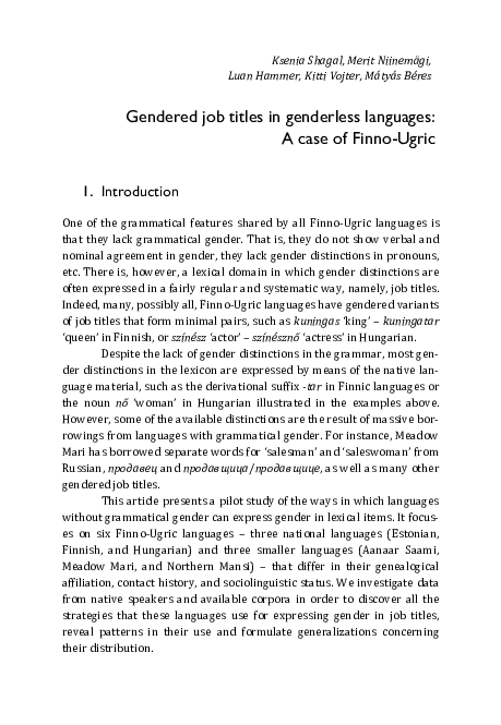 (PDF) Gendered job titles in genderless languages: A case of Finno-Ugric