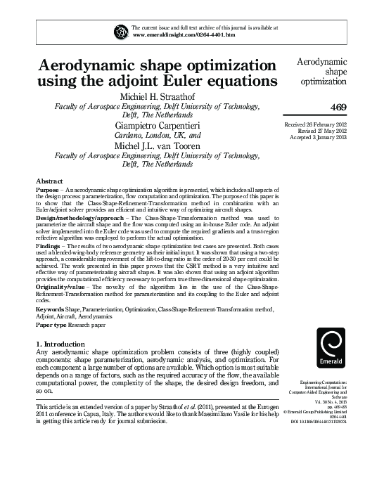 (PDF) Aerodynamic shape optimization using the adjoint Euler equations
