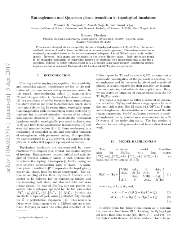 (PDF) Entanglement and quantum phase transition in topological insulators