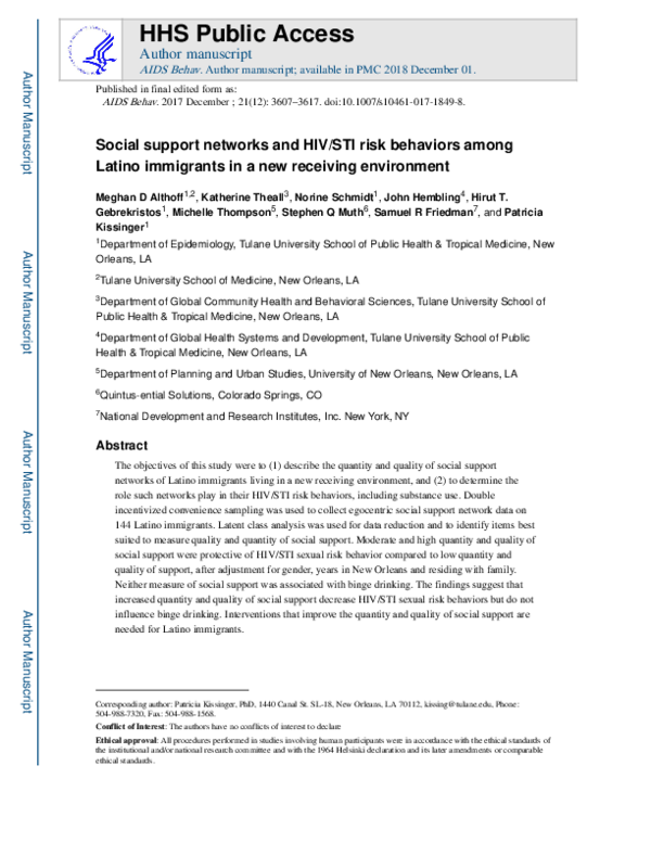 (PDF) Social Support Networks and HIV/STI Risk Behaviors Among Latino ...