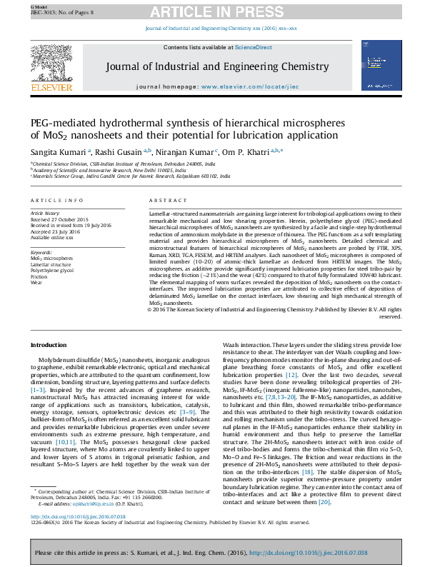 (PDF) PEG-mediated hydrothermal synthesis of hierarchical microspheres ...