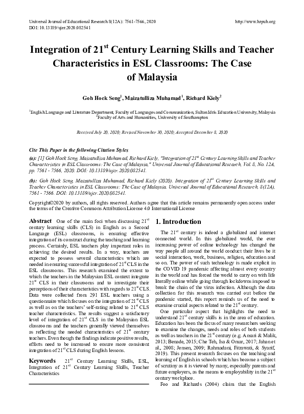 (PDF) Integration of 21st Century Learning Skills and Teacher ...