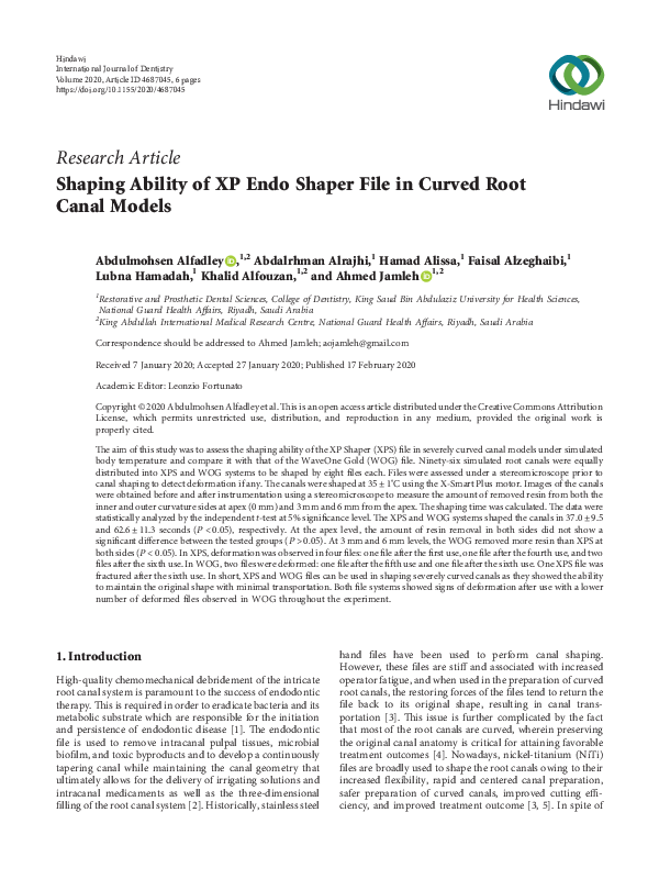 (PDF) Shaping Ability of XP Endo Shaper File in Curved Root Canal Models