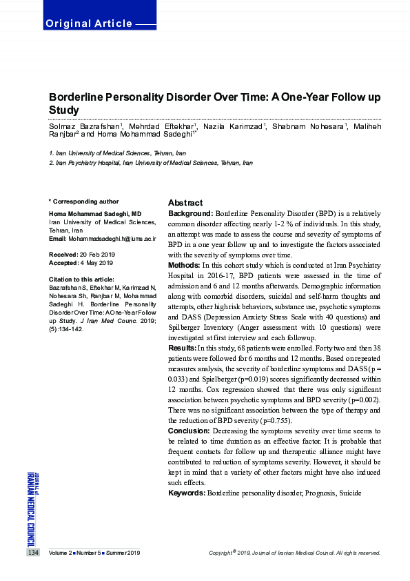 (PDF) Borderline Personality Disorder Over Time: A One-Year Follow up Study