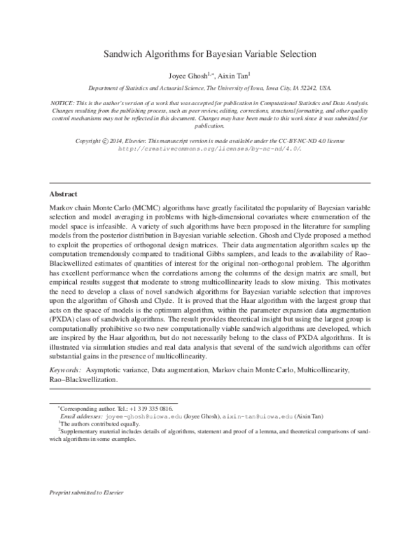 (PDF) Sandwich algorithms for Bayesian variable selection