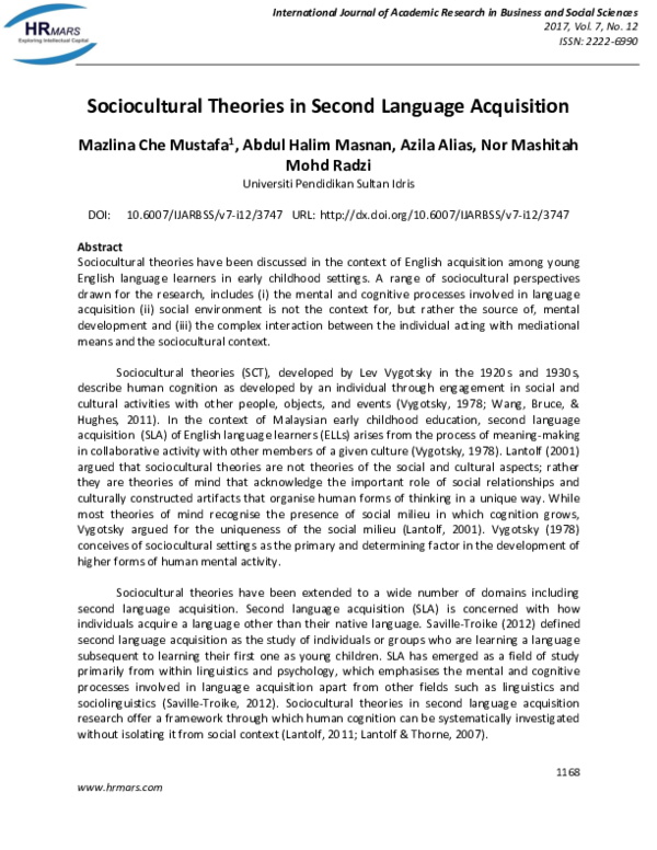 (PDF) Sociocultural Theories in Second Language Acquisition
