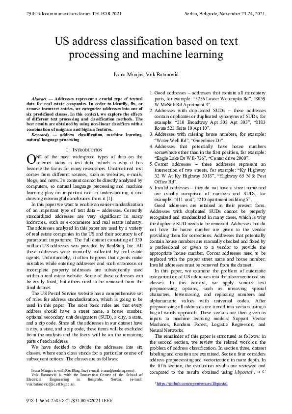 (PDF) US address classification based on text processing and machine ...