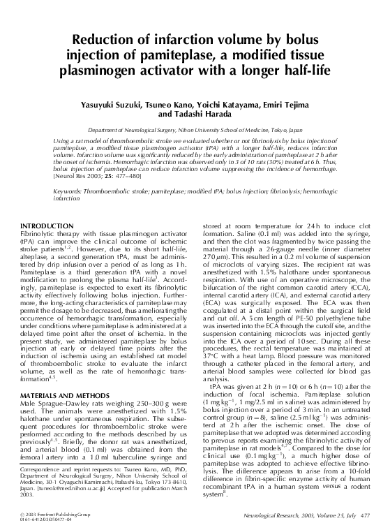 (PDF) Reduction of infarction volume by bolus injection of pamiteplase ...