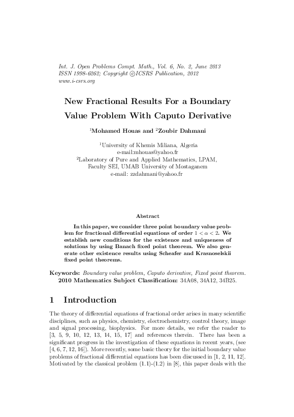 (PDF) New Fractional Results for a Boundary Value Problem with Caputo ...