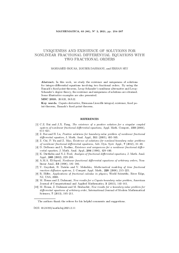 (PDF) Uniqueness and existence of solutions for nonlinear fractional ...