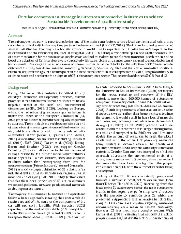 Circular economy as a strategy in European automotive industries to achieve Sustainable Development: A qualitative study