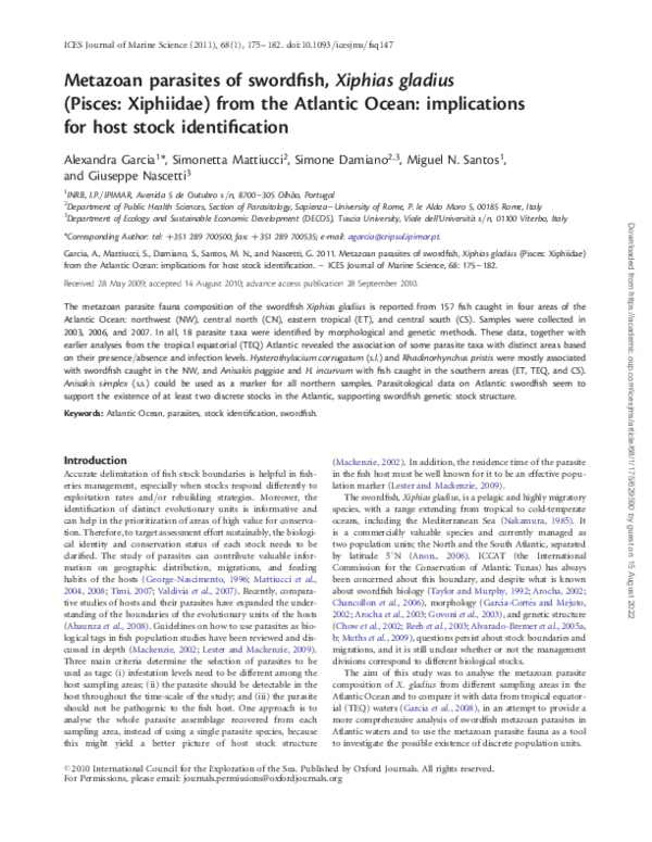 (PDF) Metazoan parasites of swordfish, Xiphias gladius (Pisces
