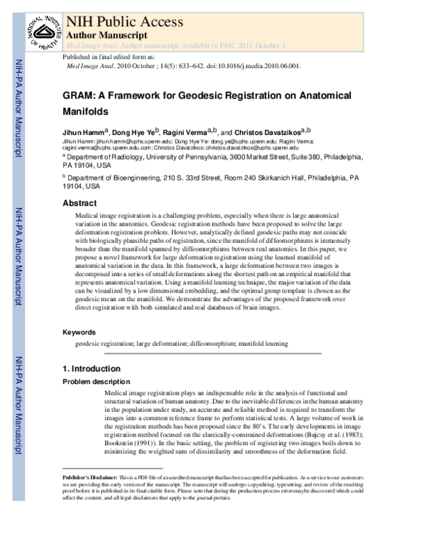 (PDF) GRAM: A framework for geodesic registration on anatomical manifolds