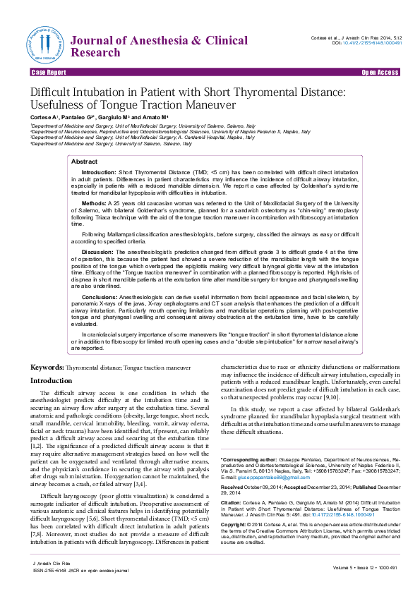 (PDF) Difficult Intubation in Patient with Short Thyromental Distance ...