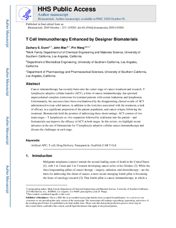 (PDF) T cell immunotherapy enhanced by designer biomaterials