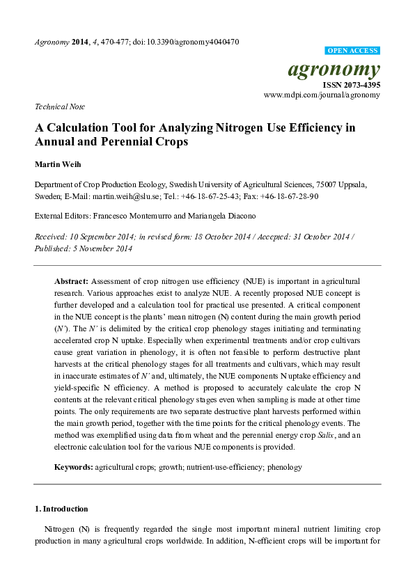 (PDF) A Calculation Tool for Analyzing Nitrogen Use Efficiency in ...