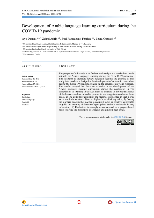 (PDF) Development of Arabic language learning curriculum during the ...