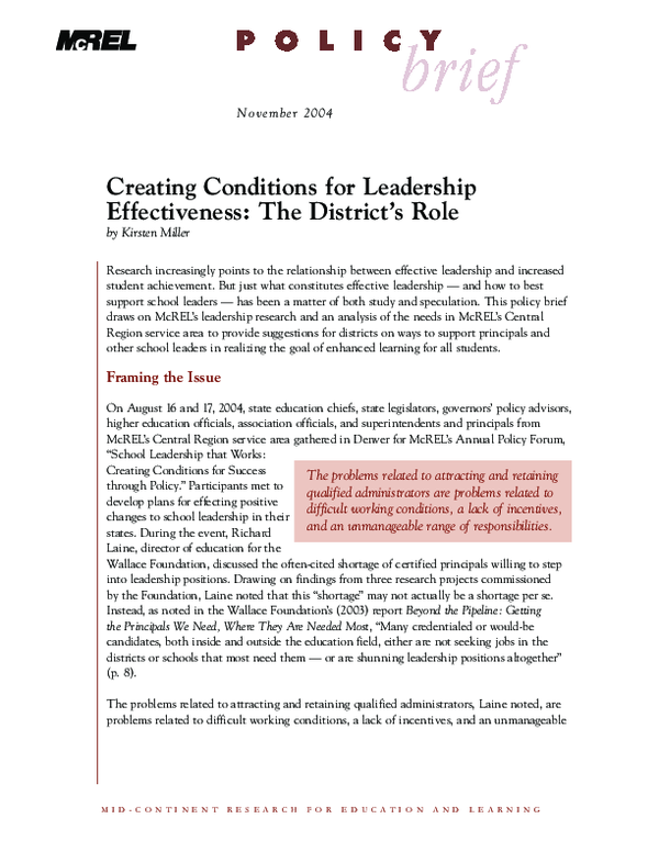 (PDF) Creating conditions for leadership effectiveness: The district's role