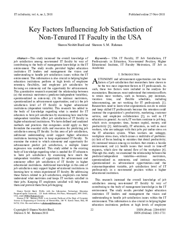 (PDF) Key Factors Influencing Job Satisfaction of Non-Tenured IT ...