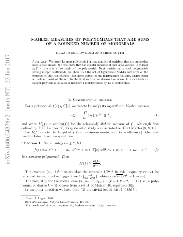 (PDF) Mahler measures of polynomials that are sums of a bounded number ...