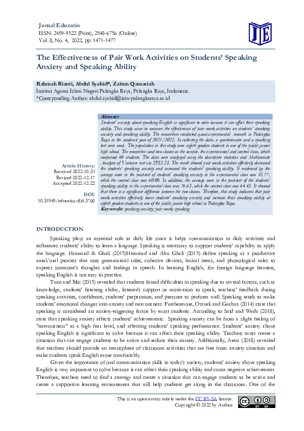 (PDF) The Effectiveness of Pair Work Activities on Students’ Speaking ...
