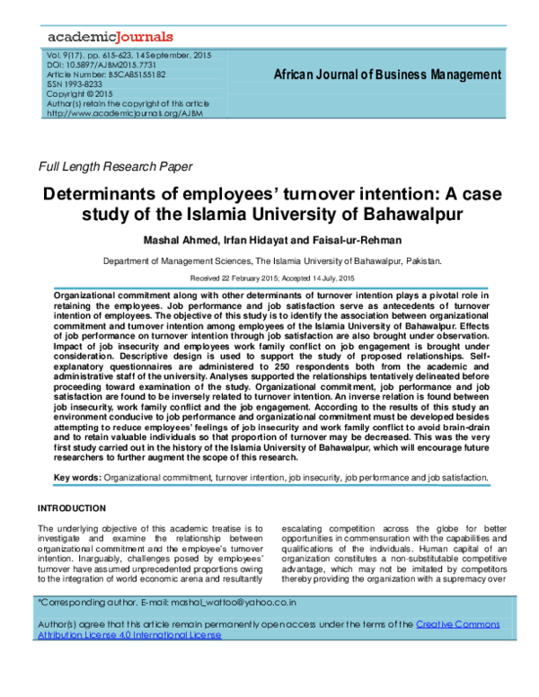(PDF) Determinants of employees turnover intention: A case study of the ...